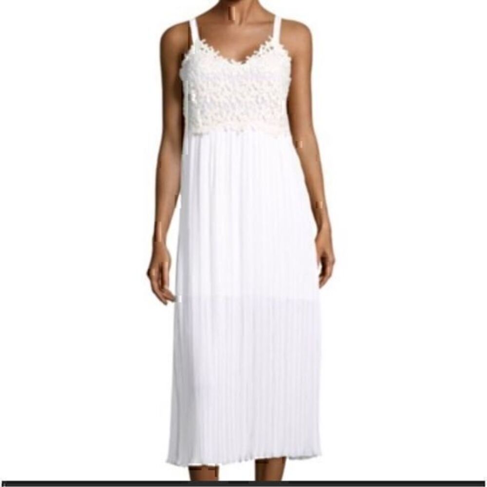 French Connection Women's Floral Laced Pleated Double Lined Midi Dress White Siz